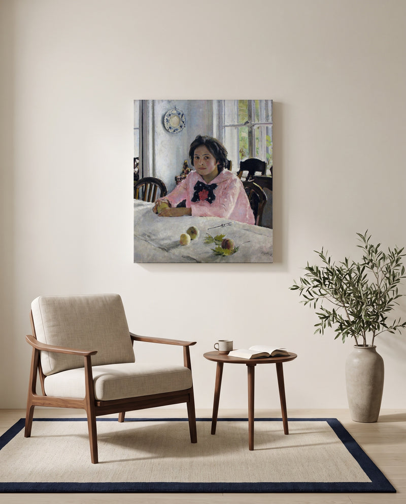 Girl with Peaches by Valentin Serov as a stretched canvas above a linen lounge chair in a reading corner