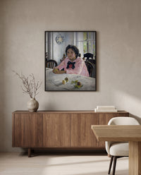 Girl with Peaches by Valentin Serov in a black frame above a walnut sideboard in a dining room