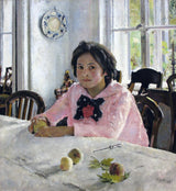 Girl with Peaches by Valentin Serov: a dark-haired girl in a pink blouse sits at a white table with peaches in a sunlit room