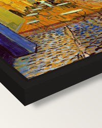Café Terrace at Night by van Gogh framed canvas, corner close-up: a black floating frame with a shadow gap round the canvas
