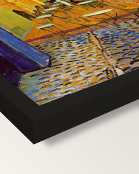 Café Terrace at Night by van Gogh framed print, corner close-up: black moulding, mitred, the print set just below its edge