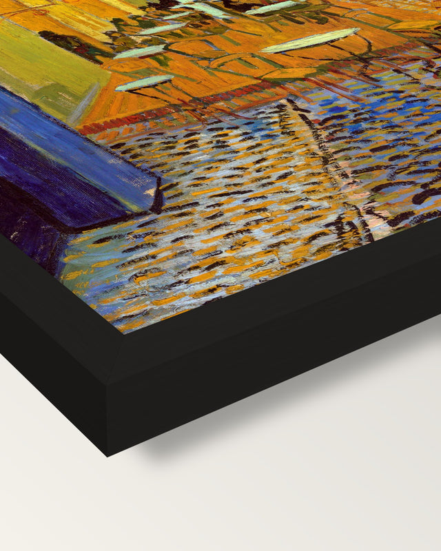 Café Terrace at Night by van Gogh framed print, corner close-up: black moulding, mitred, the print set just below its edge