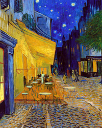Café Terrace at Night by Vincent van Gogh: a yellow-lit café on a cobbled square under a deep blue starry sky
