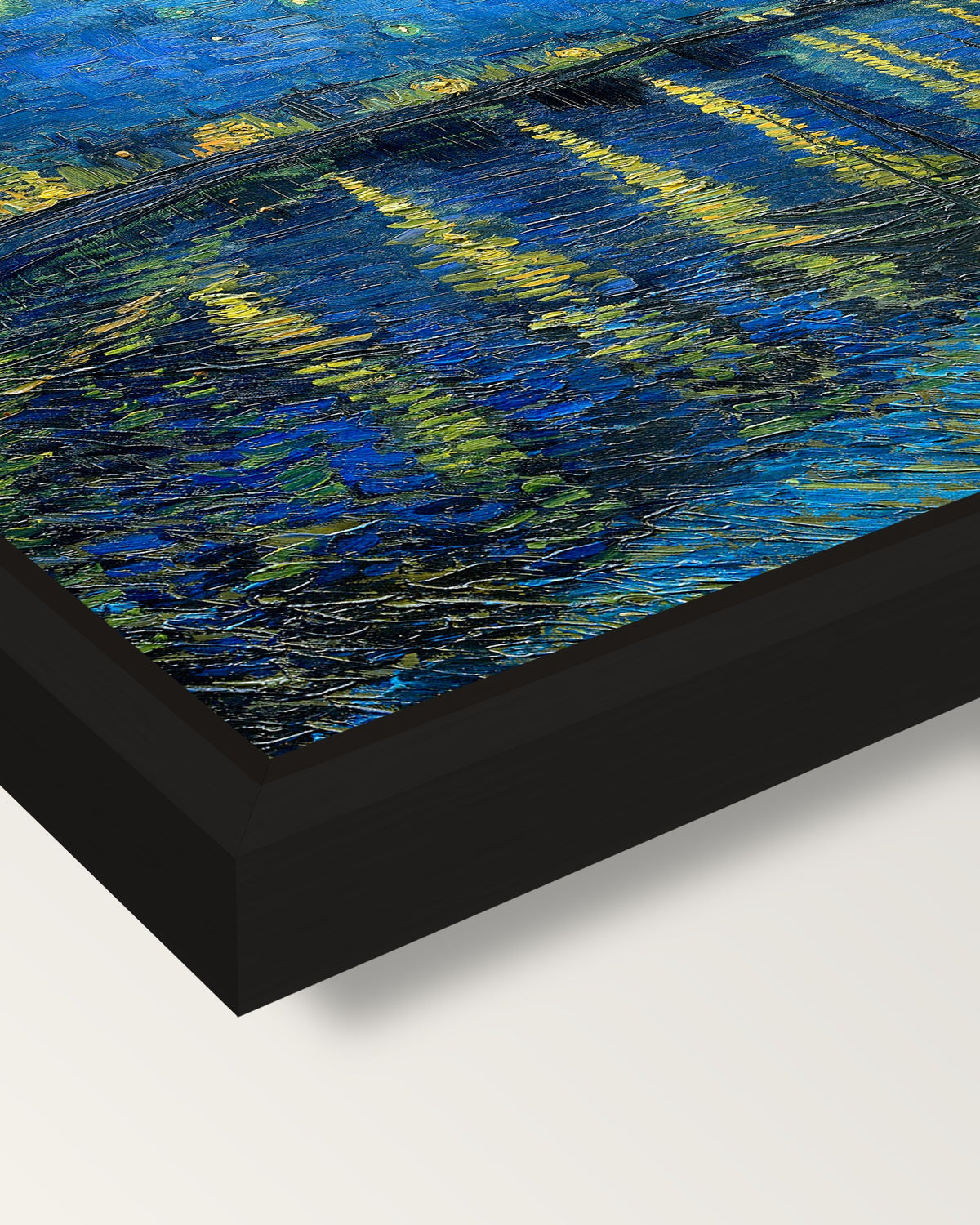 Starry Night Over the Rhône framed canvas, corner close-up: a black floating frame with a shadow gap round the canvas