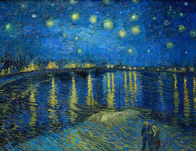 Starry Night Over the Rhône by Vincent van Gogh: gaslight reflected in a dark blue river under a starry sky