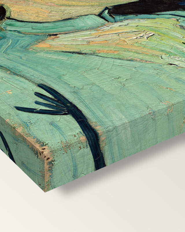 Adeline Ravoux by Vincent van Gogh on stretched canvas, corner close-up: the painting mirror-wrapped round the sides