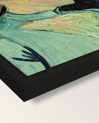Adeline Ravoux by Vincent van Gogh framed canvas, corner close-up: a black floating frame with a shadow gap round the canvas