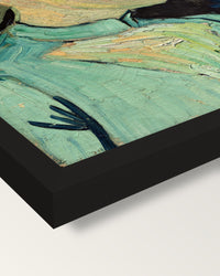 Adeline Ravoux by Vincent van Gogh framed print, corner close-up: black moulding, mitred, the print set just below its edge