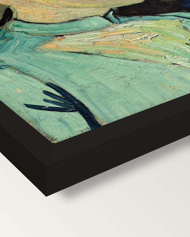 Adeline Ravoux by Vincent van Gogh framed print, corner close-up: black moulding, mitred, the print set just below its edge