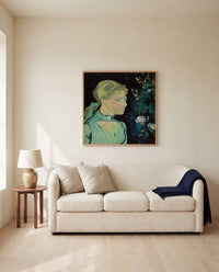 Adeline Ravoux by Vincent van Gogh framed in natural oak above a cream sofa in a warm living room