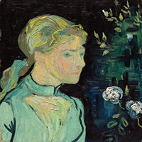 Portrait of Adeline Ravoux by Vincent van Gogh: a girl in a teal blouse, face turned aside, white roses on a dark ground