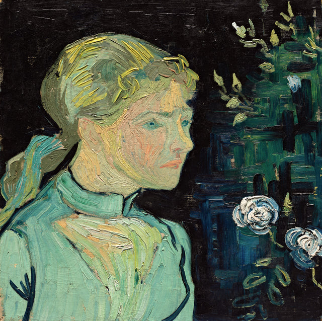 Portrait of Adeline Ravoux by Vincent van Gogh: a girl in a teal blouse, face turned aside, white roses on a dark ground