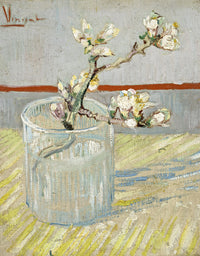Blossoming Almond Branch in a Glass by Vincent van Gogh: a sprig of white almond blossom in a water glass