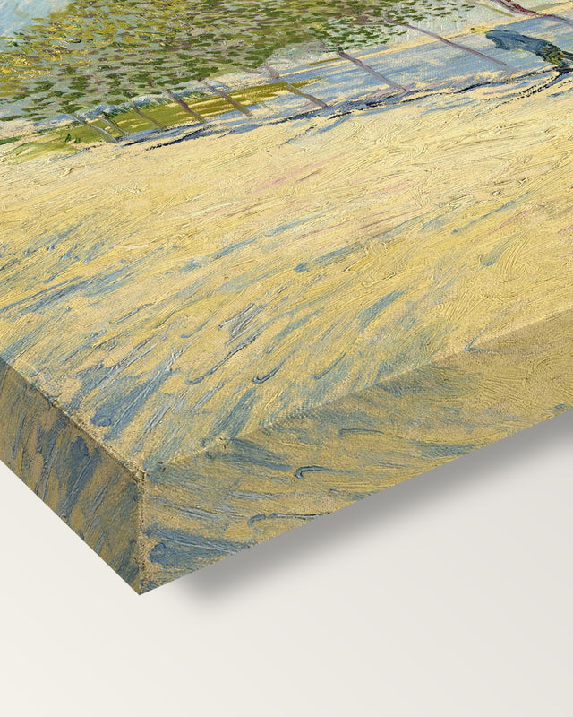 Along the Seine by Vincent van Gogh on stretched canvas, corner close-up: the painting mirror-wrapped round the sides