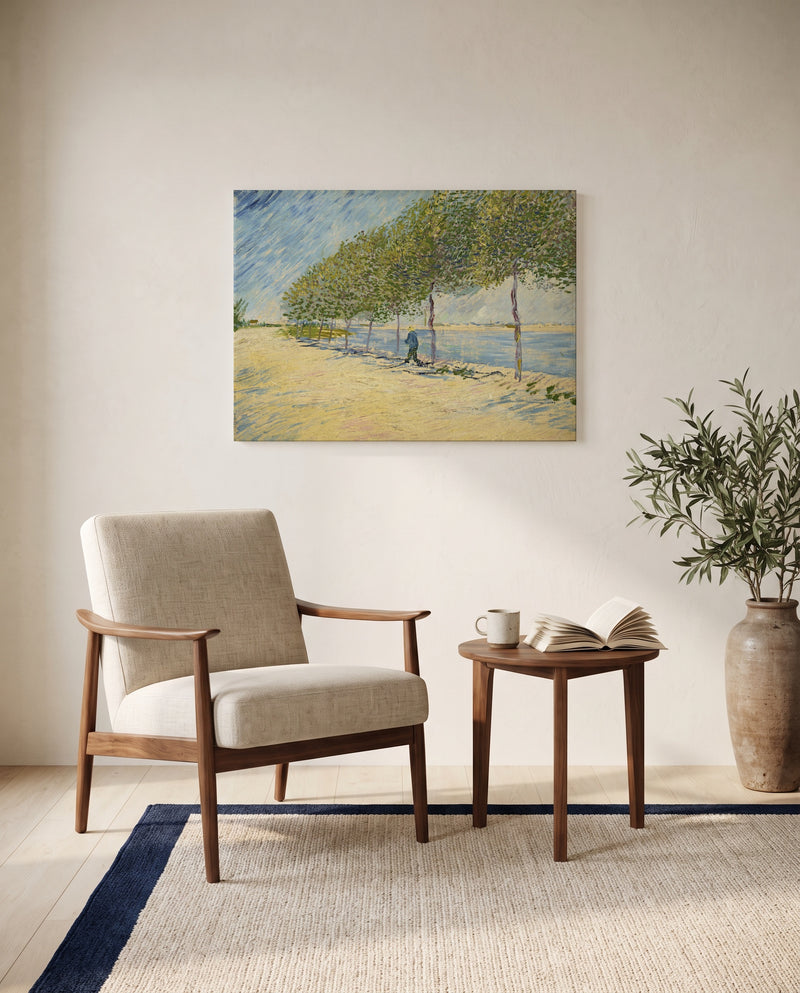 Along the Seine by Vincent van Gogh as a stretched canvas above a linen lounge chair in a reading corner