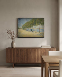 Along the Seine by Vincent van Gogh in a black frame above a walnut sideboard in a dining room