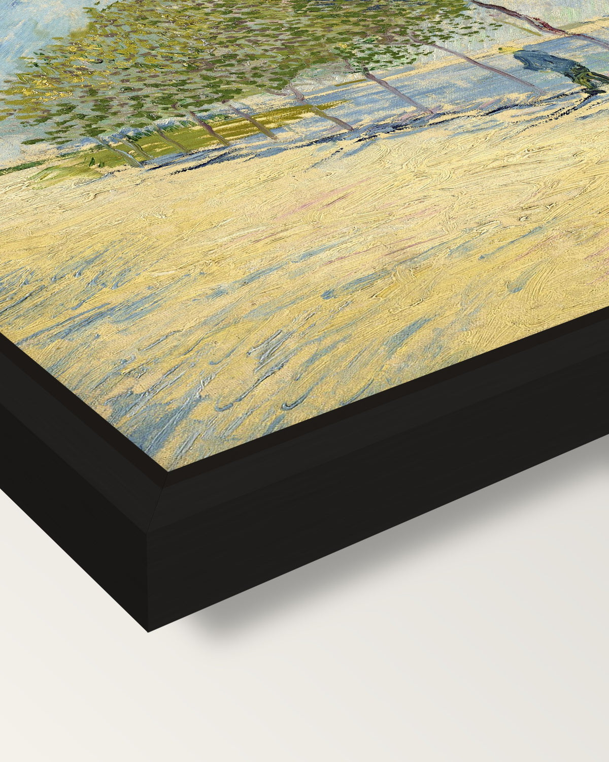 Along the Seine by Vincent van Gogh framed canvas, corner close-up: a black floating frame with a shadow gap round the canvas
