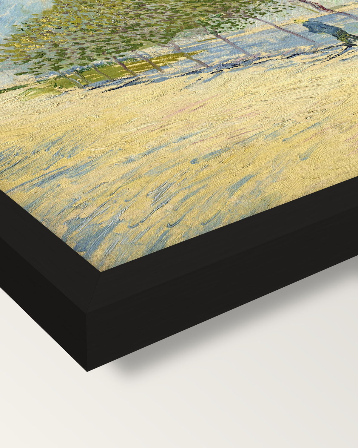 Along the Seine by Vincent van Gogh framed print, corner close-up: black moulding, mitred, the print set just below its edge