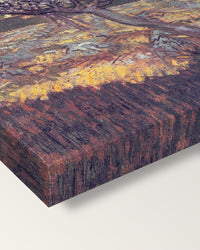 Apricot Trees in Blossom by van Gogh on stretched canvas, corner close-up: the painting mirror-wrapped round the sides