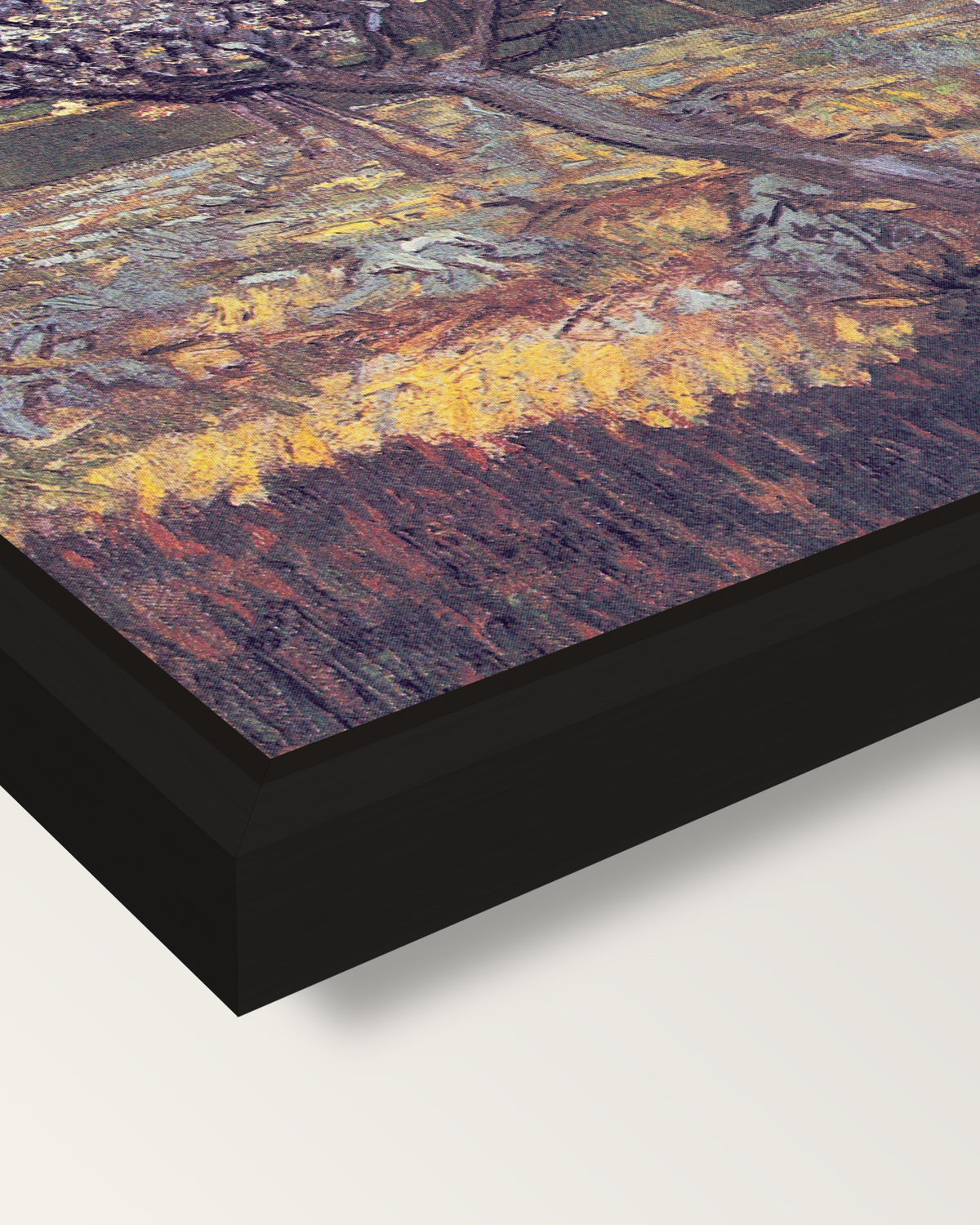Apricot Trees in Blossom framed canvas, corner close-up: a black floating frame with a shadow gap round the canvas
