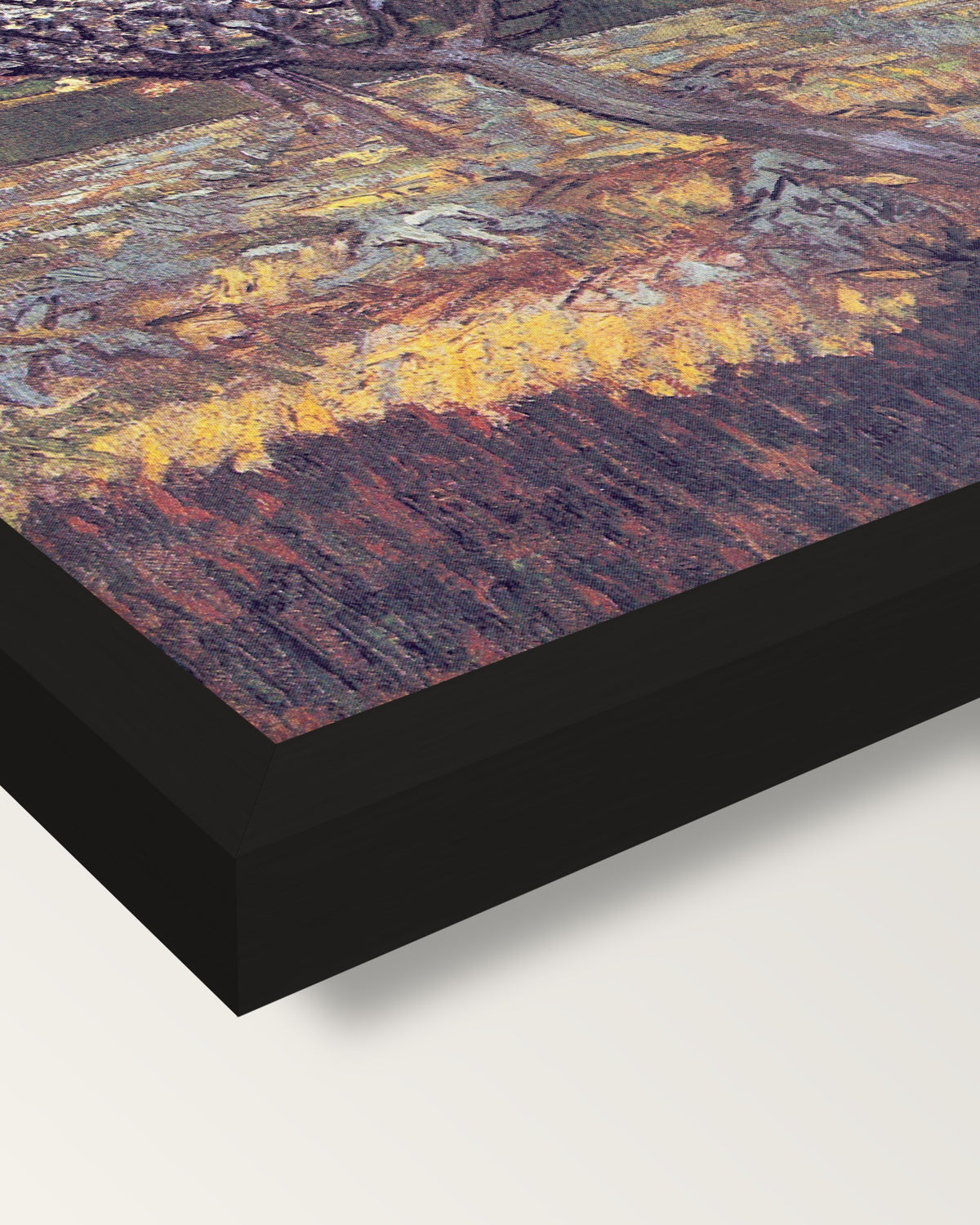 Apricot Trees in Blossom by van Gogh framed print, corner close-up: black moulding, mitred, the print set just below its edge