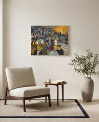 The Arena at Arles by Vincent van Gogh as a stretched canvas above a linen lounge chair in a reading corner