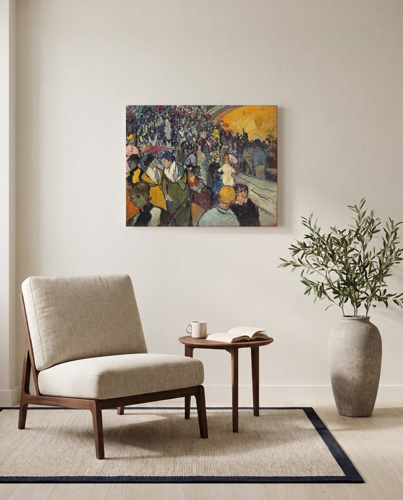The Arena at Arles by Vincent van Gogh as a stretched canvas above a linen lounge chair in a reading corner