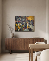 The Arena at Arles by Vincent van Gogh in a black frame above a walnut sideboard in a dining room