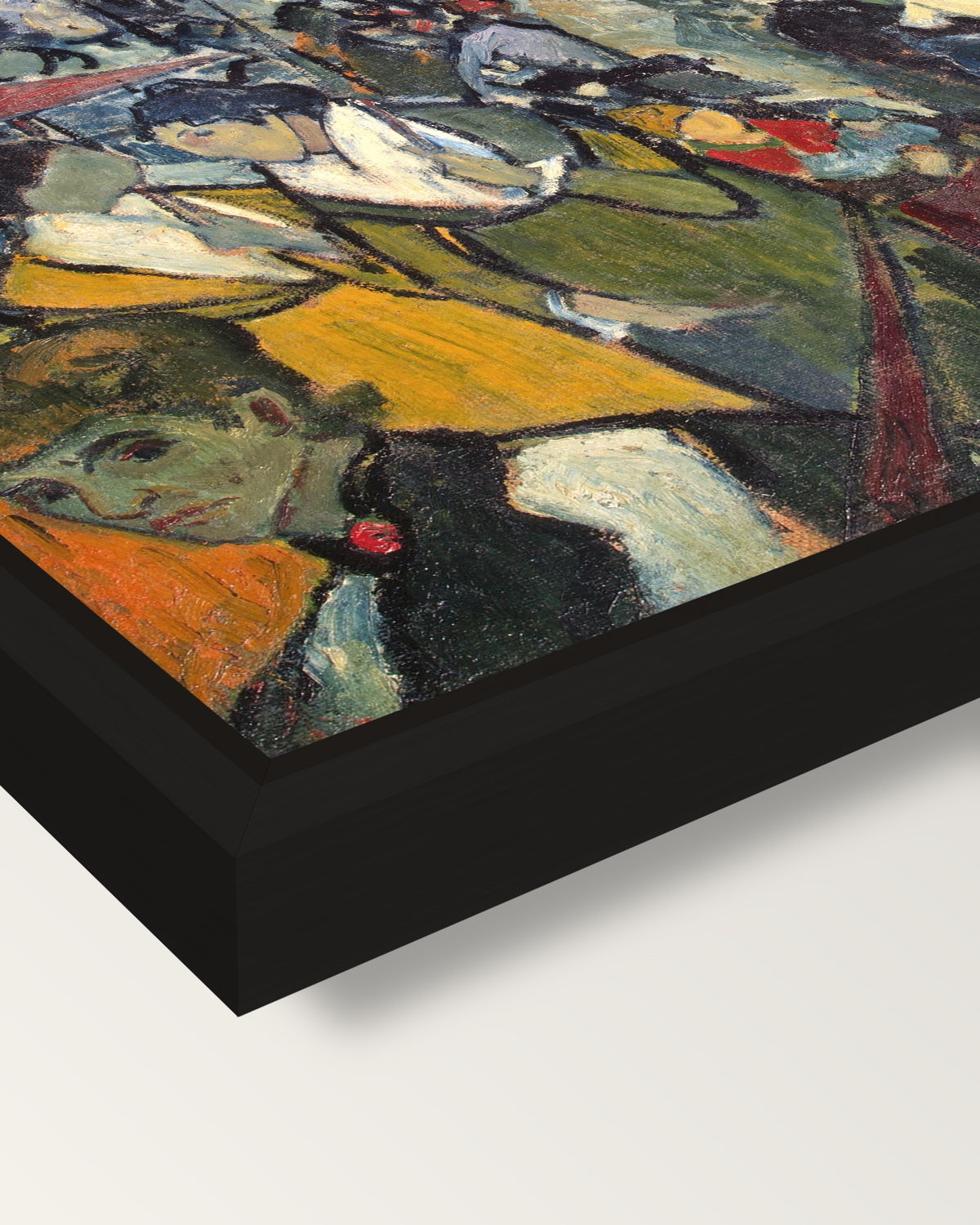 The Arena at Arles by van Gogh framed canvas, corner close-up: a black floating frame with a shadow gap round the canvas