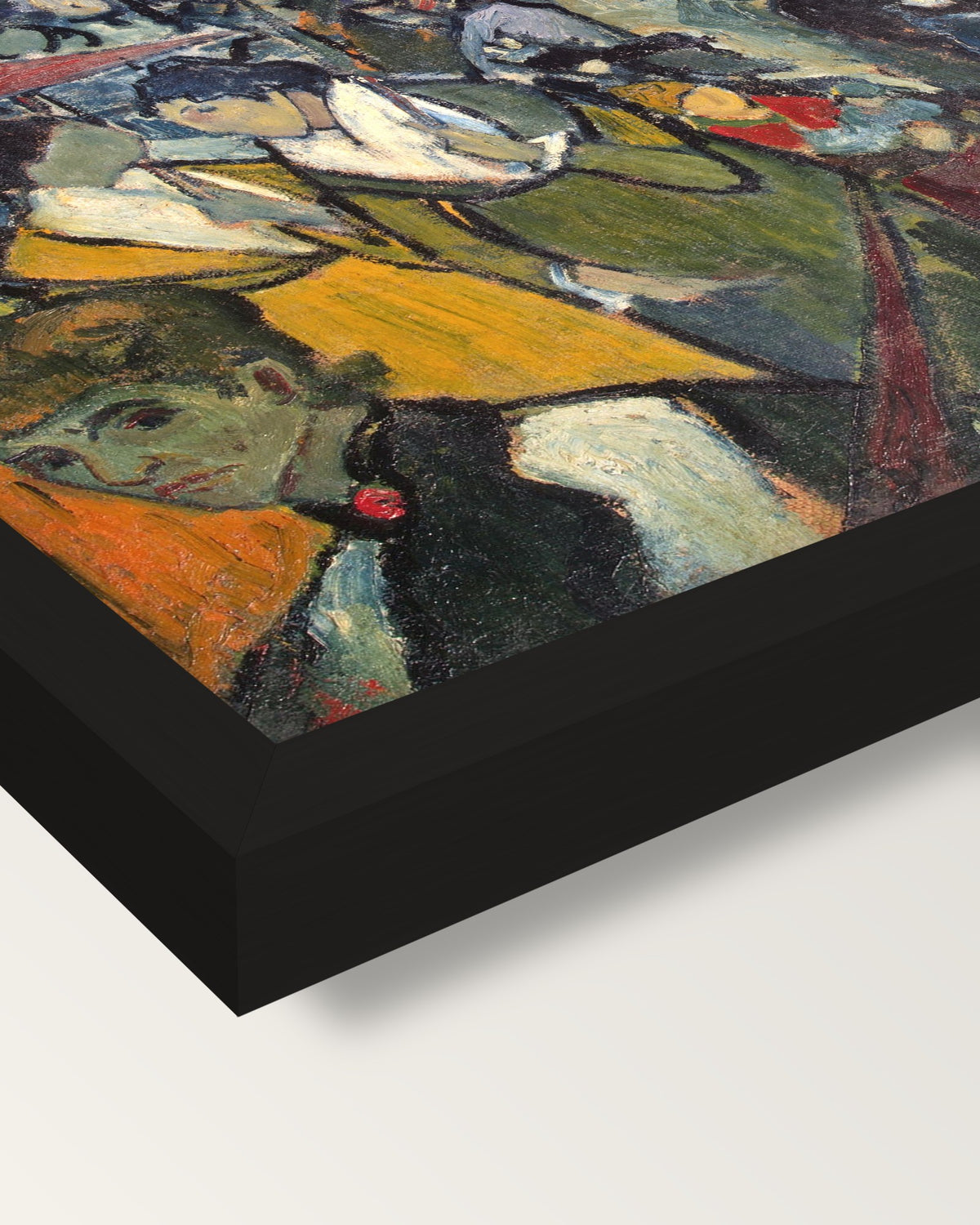 The Arena at Arles by van Gogh framed print, corner close-up: black moulding, mitred, the print set just below its edge