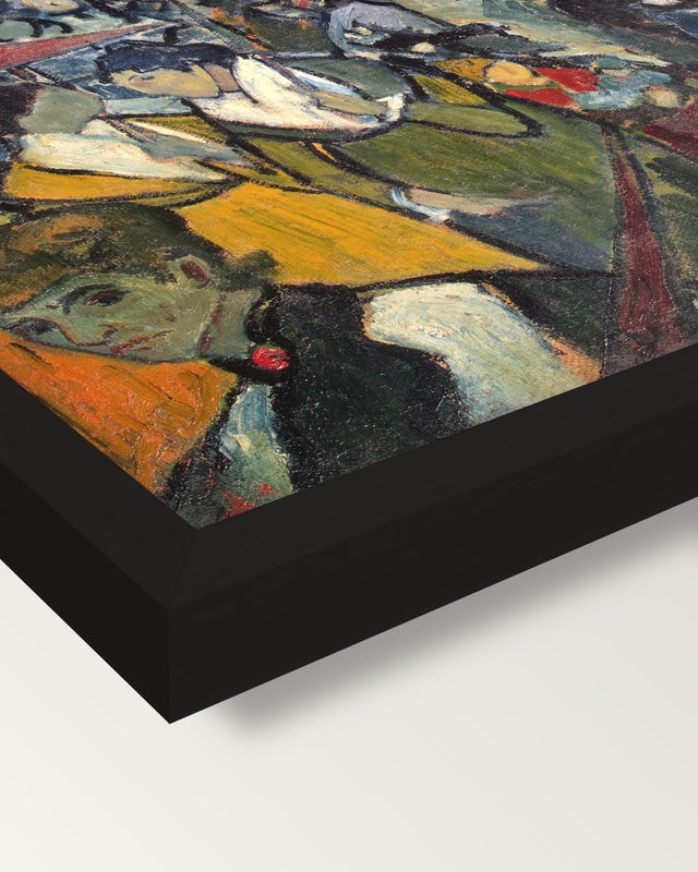 The Arena at Arles by van Gogh framed print, corner close-up: black moulding, mitred, the print set just below its edge