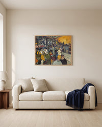 The Arena at Arles by Vincent van Gogh framed in natural oak above a cream sofa in a warm living room