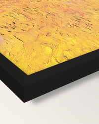 Arles: View from the Wheat Fields framed print, corner close-up: black moulding, mitred, the print set just below its edge