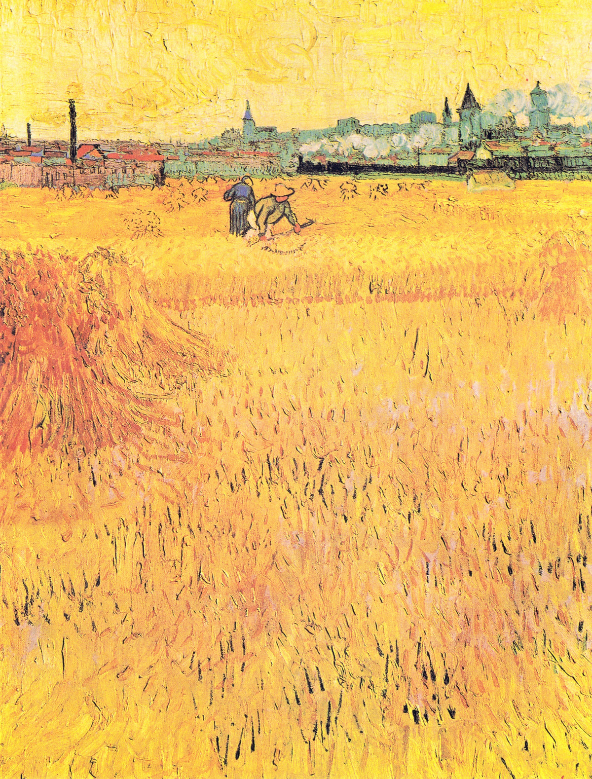 Arles: View from the Wheat Fields by Vincent van Gogh: golden wheat and sheaves with the town of Arles on the horizon