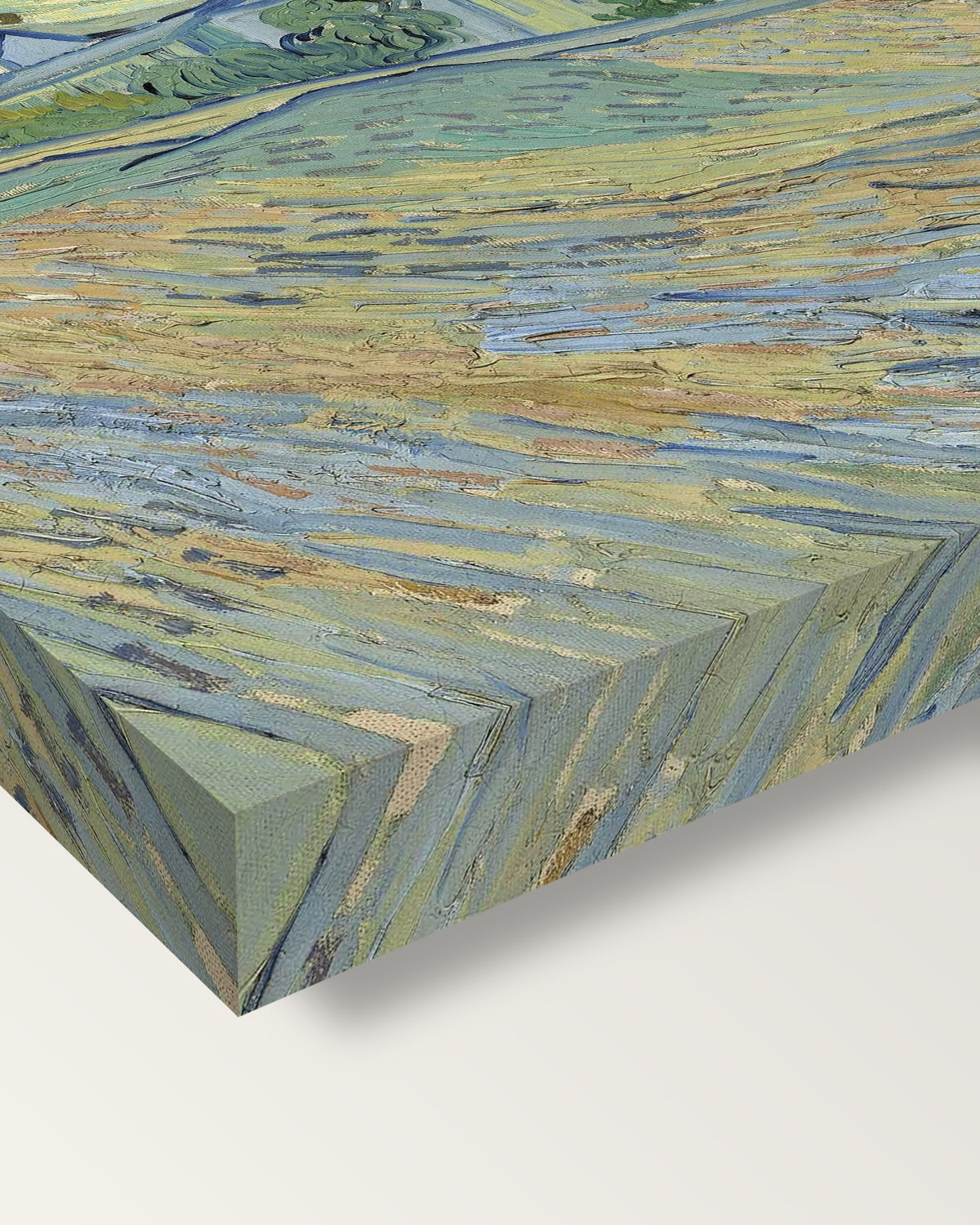 Asylum and Chapel of Saint-Rémy by van Gogh on stretched canvas, corner close-up: the painting mirror-wrapped round the sides