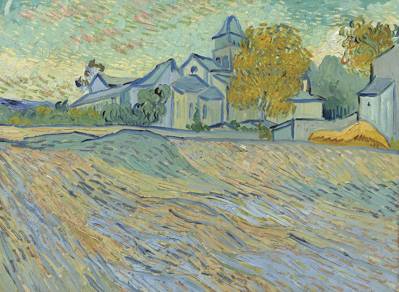 View of the Asylum and Chapel of Saint-Rémy by Vincent van Gogh: fields before a chapel tower among autumn trees