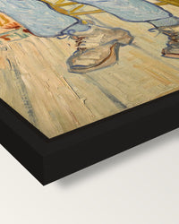 At Eternity’s Gate by van Gogh framed canvas, corner close-up: a black floating frame with a shadow gap round the canvas
