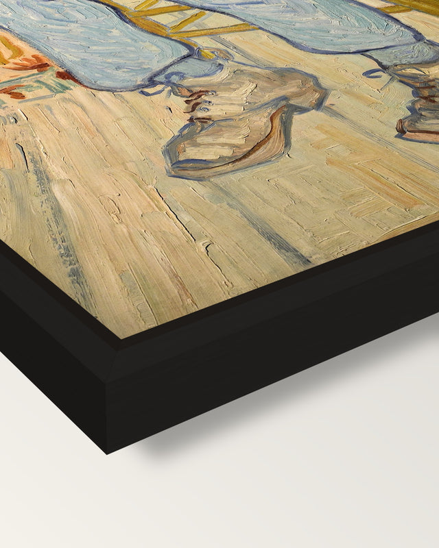 At Eternity’s Gate by van Gogh framed canvas, corner close-up: a black floating frame with a shadow gap round the canvas