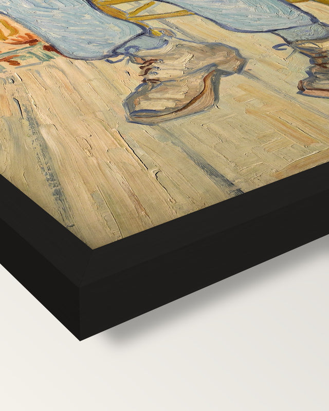 At Eternity’s Gate by van Gogh framed print, corner close-up: black moulding, mitred, the print set just below its edge