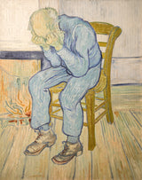 At Eternity’s Gate by Vincent van Gogh: an old man in blue on a rush chair by a fire, his fists pressed to his eyes