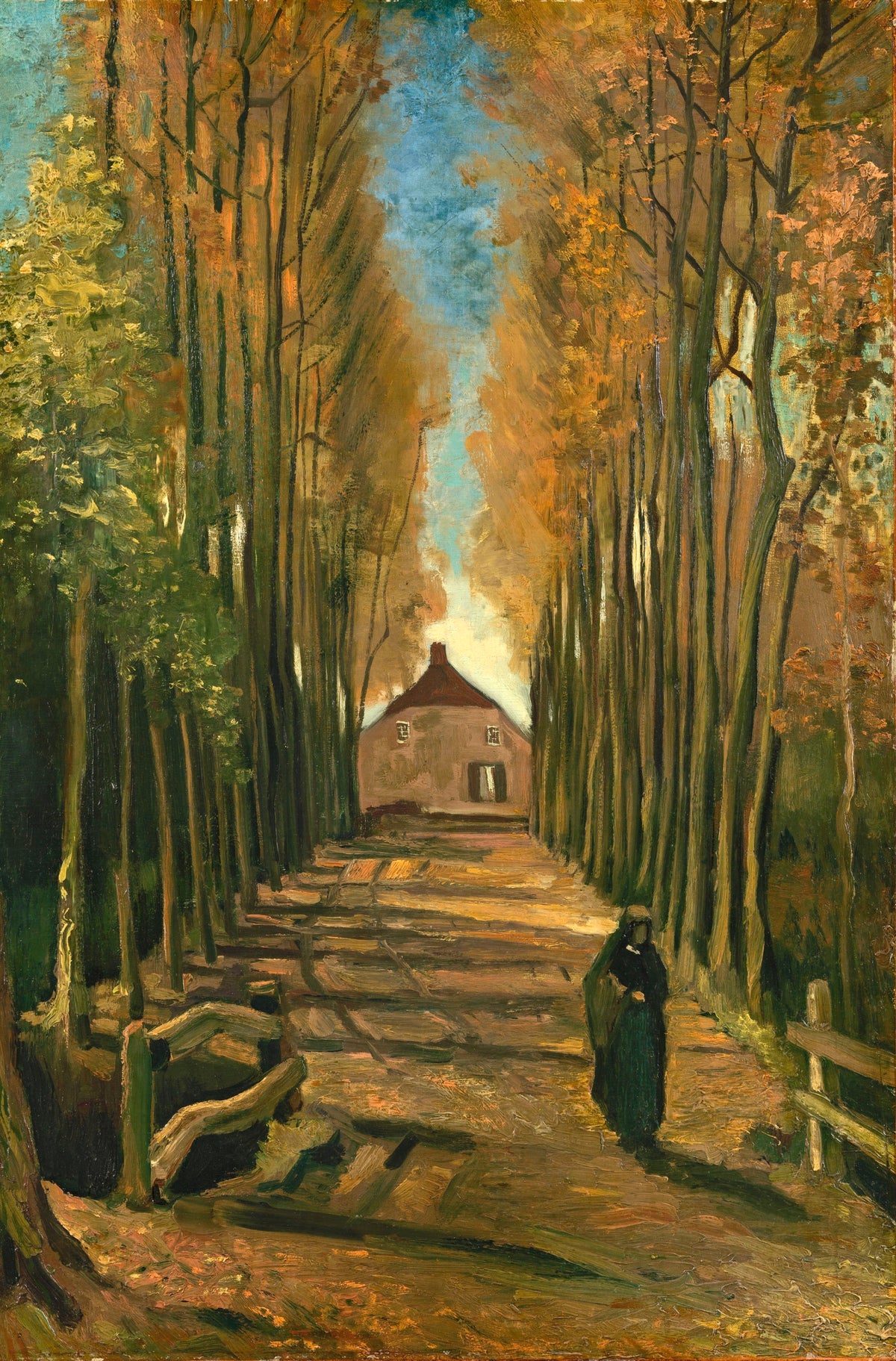 Avenue of Poplars in Autumn by Vincent van Gogh: a woman in black on a path between tall poplars with yellow leaves