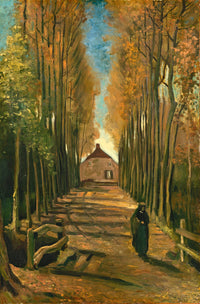 Avenue of Poplars in Autumn by Vincent van Gogh: a woman in black on a path between tall poplars with yellow leaves