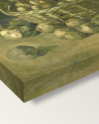 Basket of Potatoes by Vincent van Gogh on stretched canvas, corner close-up: the painting mirror-wrapped round the sides