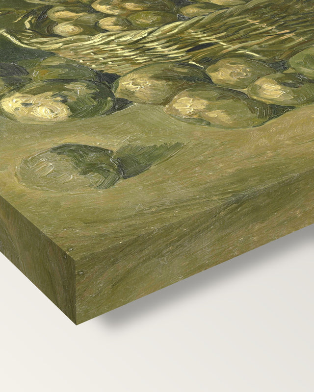Basket of Potatoes by Vincent van Gogh on stretched canvas, corner close-up: the painting mirror-wrapped round the sides