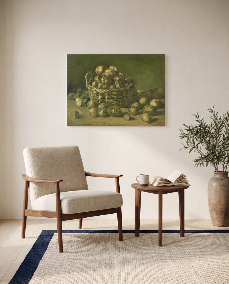 Basket of Potatoes by Vincent van Gogh as a stretched canvas above a linen lounge chair in a reading corner
