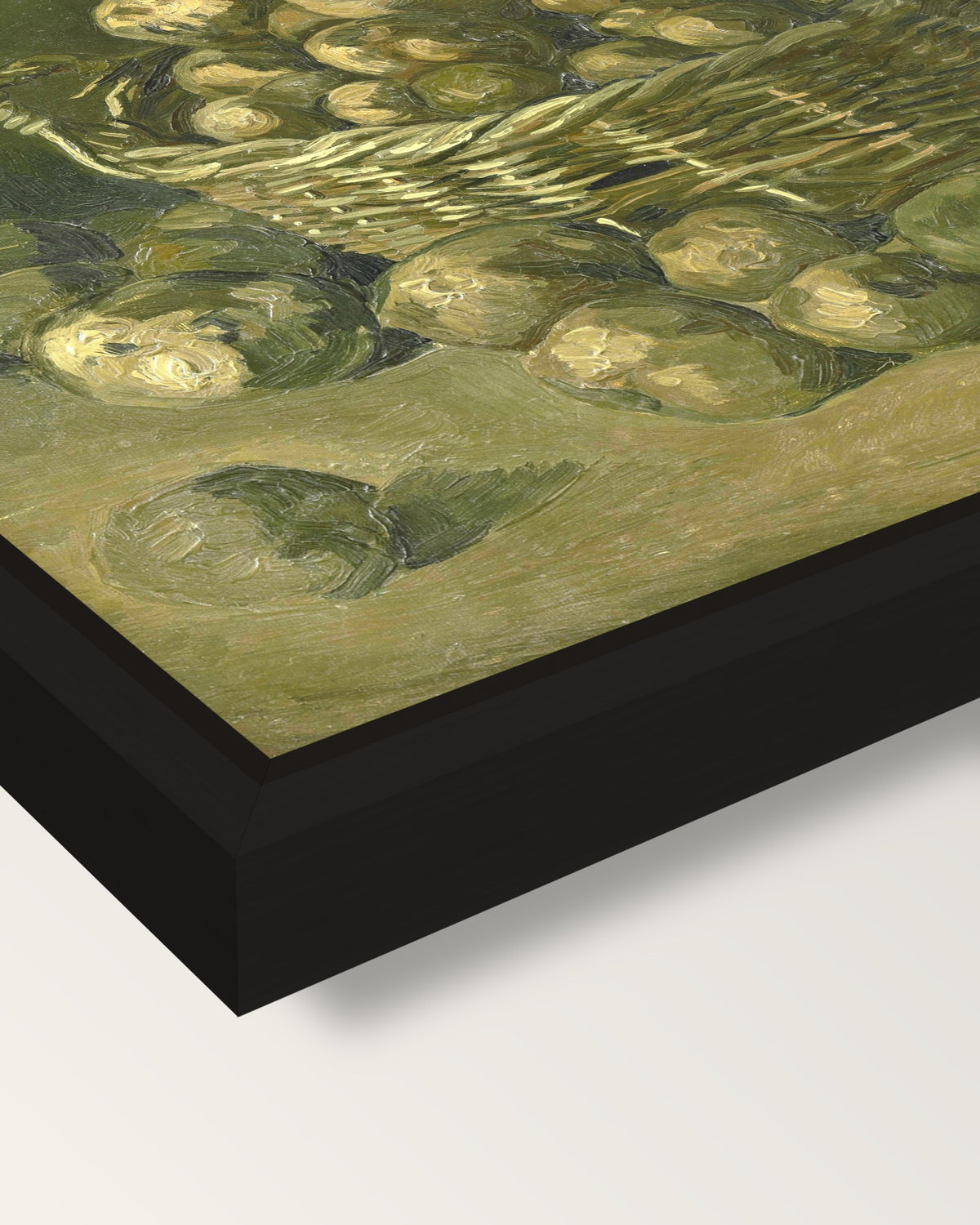 Basket of Potatoes by van Gogh framed canvas, corner close-up: a black floating frame with a shadow gap round the canvas