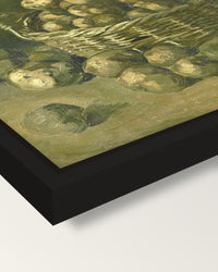 Basket of Potatoes by van Gogh framed canvas, corner close-up: a black floating frame with a shadow gap round the canvas
