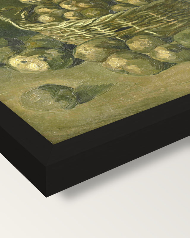 Basket of Potatoes by van Gogh framed print, corner close-up: black moulding, mitred, the print set just below its edge