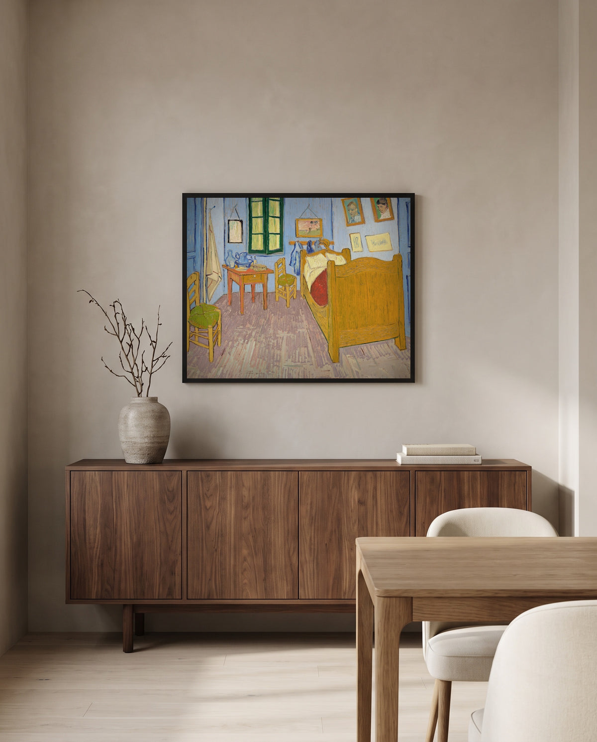 Bedroom in Arles by Vincent van Gogh in a black frame above a walnut sideboard in a dining room