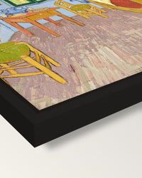 Bedroom in Arles by van Gogh framed canvas, corner close-up: a black floating frame with a shadow gap round the canvas